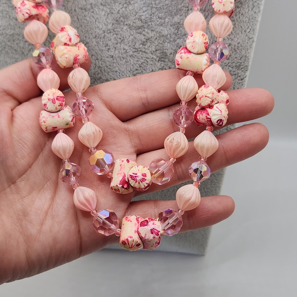 Vintage AB Pink Beaded Double Strand Necklace Retro Floral Clasp Pinup Feminine